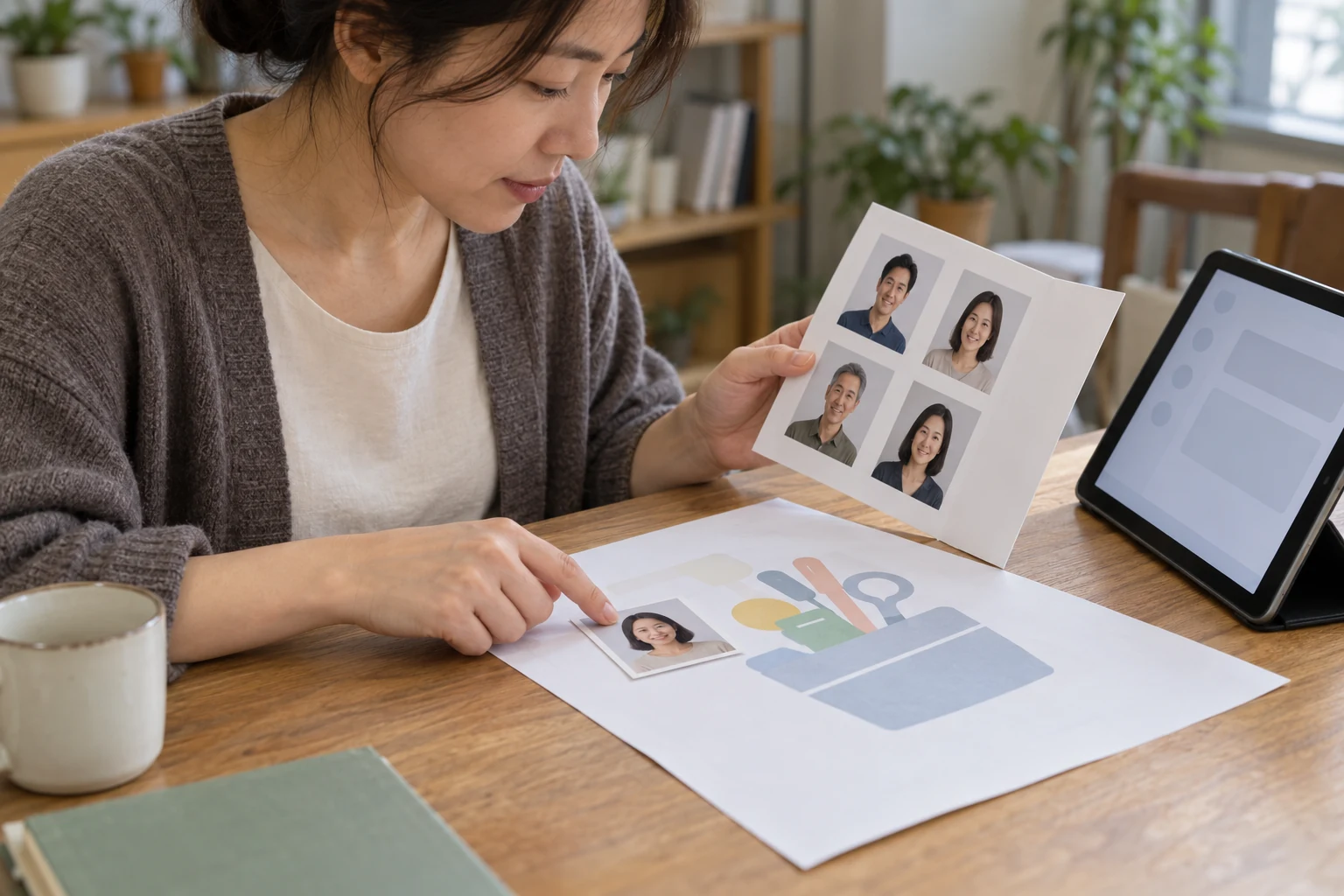 성인이 워크숍 안내문 옆의 한 사람 사진 카드를 짚고, 다른 손으로 여러 사람 사진이 있는 별도 카드를 펼쳐 들고 있다